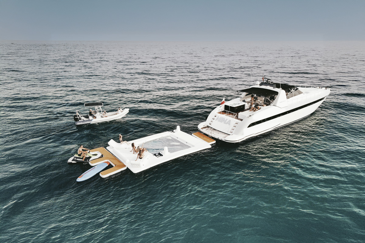Mangusta 80 with floating jacuzzi platform off Puerto Banús